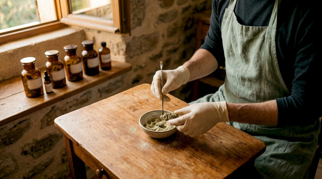 Sur son établi en bois, un artisan façonne avec soin du Moonrock CBD, mêlant savoir-faire et passion.