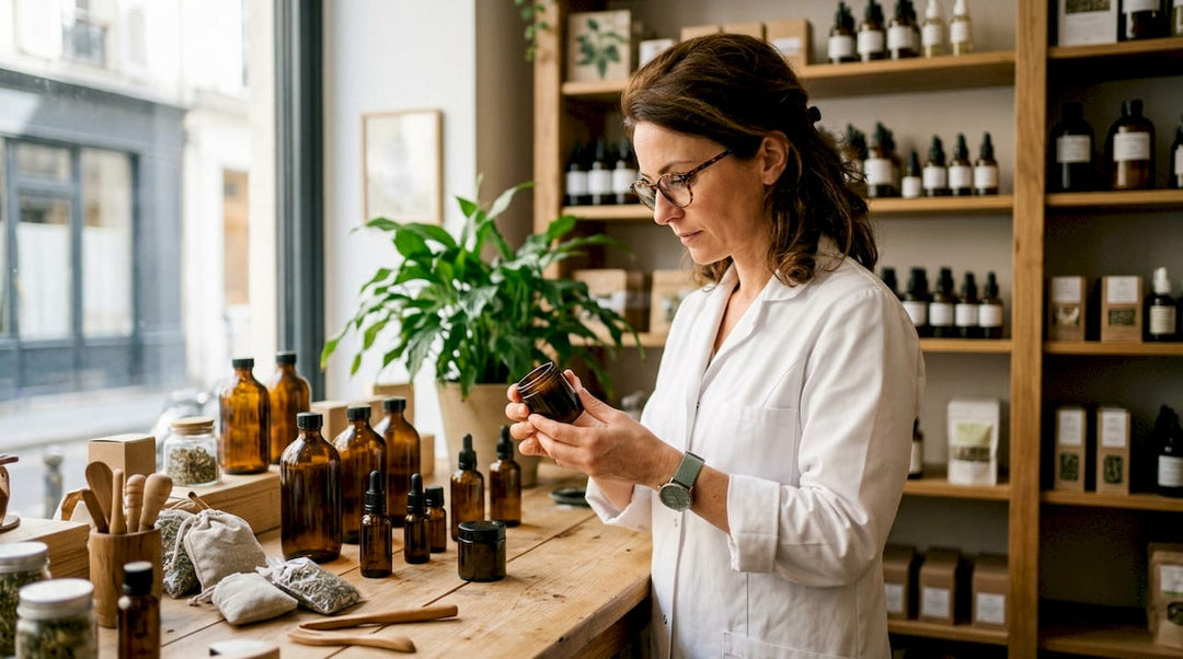 Une pharmacienne observe attentivement un pot de wax au CBD derrière le comptoir de son officine.