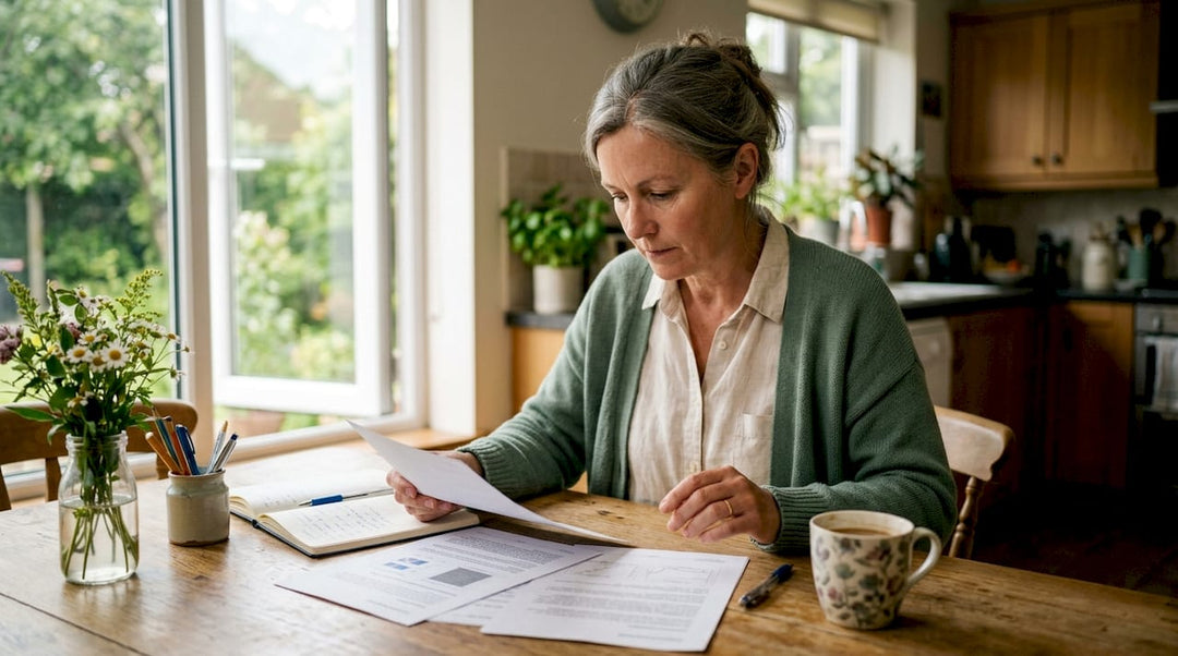 Une femme consulte des documents de certification liés au CBD depuis son bureau à domicile.