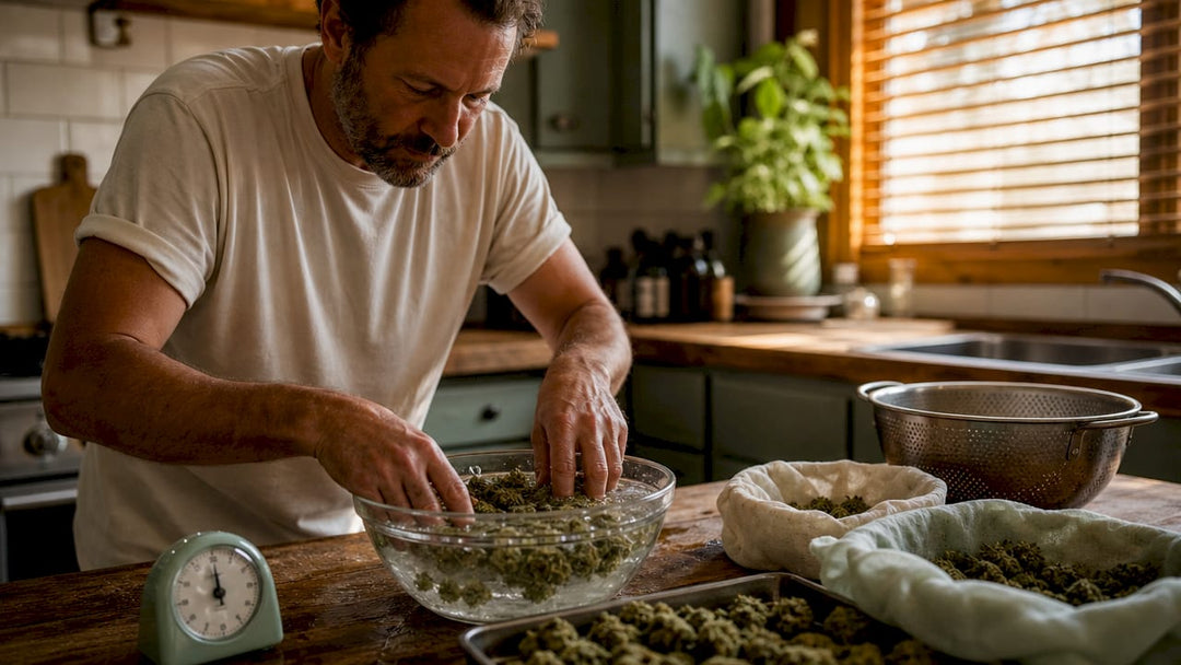 Une personne en train de préparer de la résine de CBD sur la table de sa cuisine.