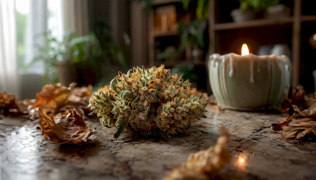 Gros plan sur une fleur de CBD mettant en valeur ses pistils et calices.