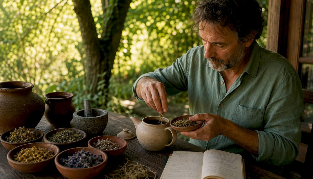 Un homme prépare une tisane maison à base d'ingrédients naturels.