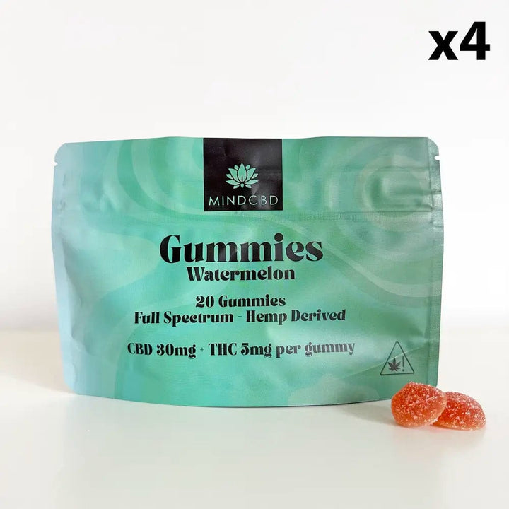 Mind CBD Gummies CBD Pastèque / 4 sachets 20 Gummies CBD 30mg + THC 5mg (6 saveurs au choix)