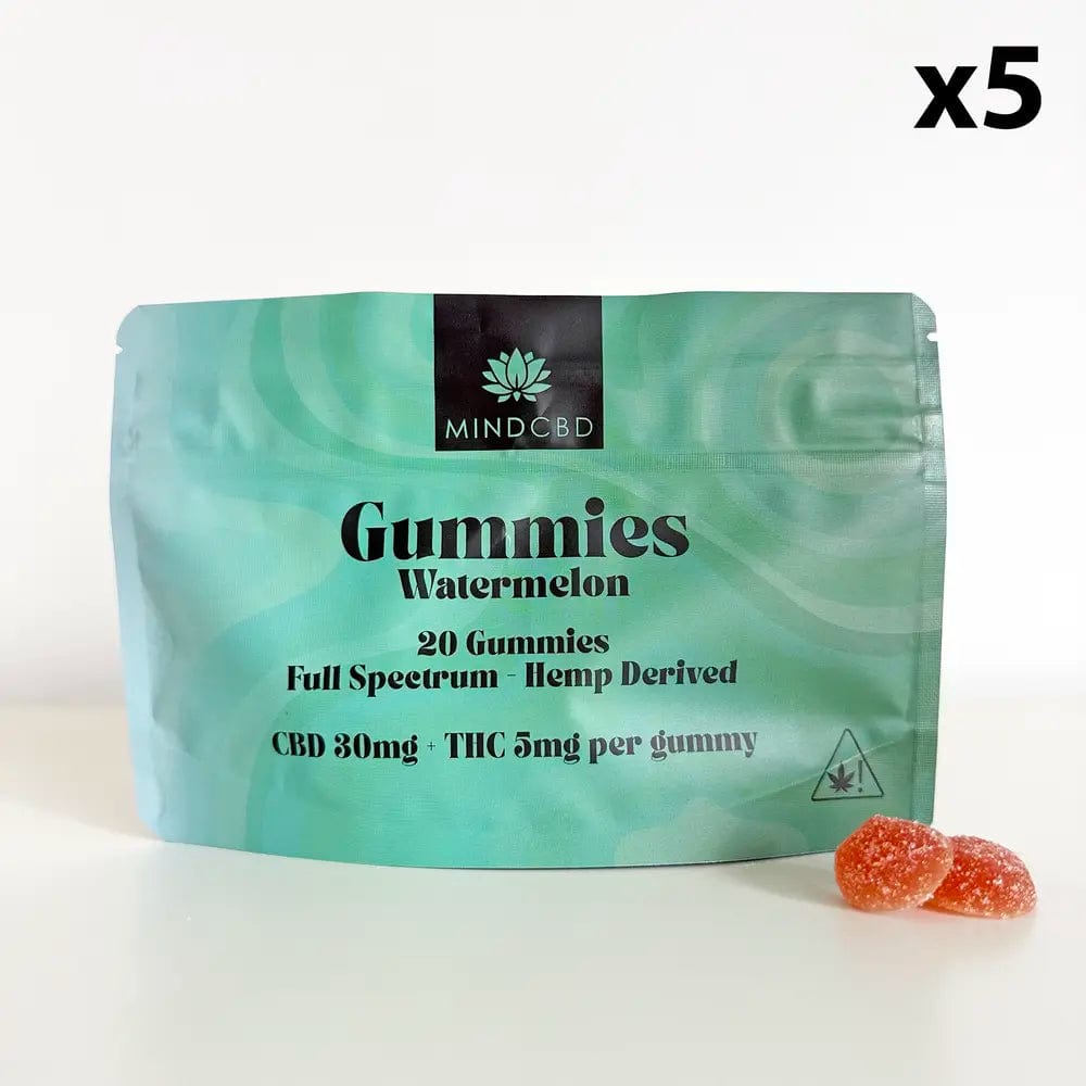 Mind CBD Gummies CBD Pastèque / 5 sachets 20 Gummies CBD 30mg + THC 5mg (6 saveurs au choix)