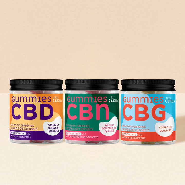 Beigefarbener Hintergrund, CBD-Gummis-Sortiment von ByStilla x2