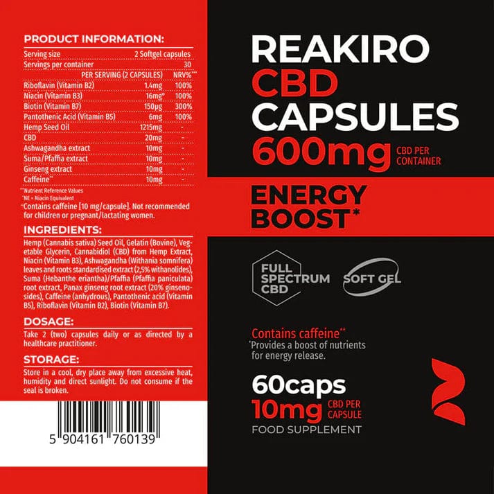 60 Capsules CBD Energy Boost Reakiro 600mg