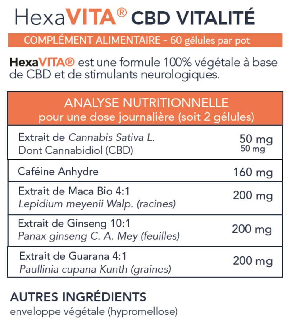 Hexa3 Gélules CBD 60 Gélules CBD HexaVITA 1500mg, Energie Vitalité, sans THC