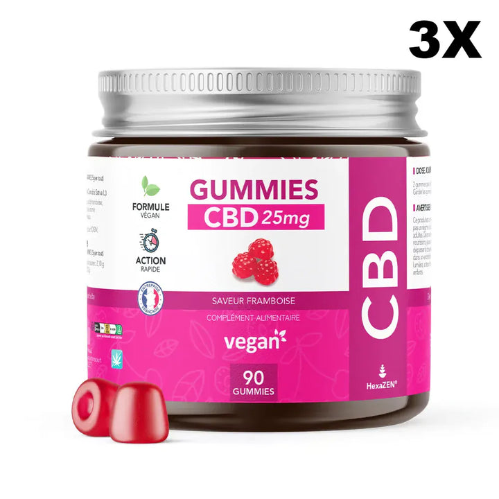Hexa3 Gummies CBD 3 boîtes 90 Gummies CBD Framboise 2250mg HexaZEN, sans THC