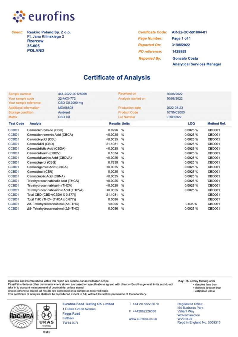 Certificat Analyse Huile CBD qualite Premium Flacon