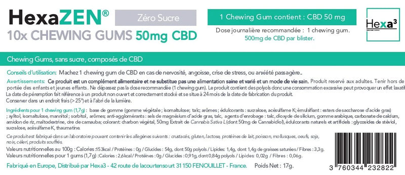 Chewing-Gums CBD Détente 10x50mg HexaZEN Menthe