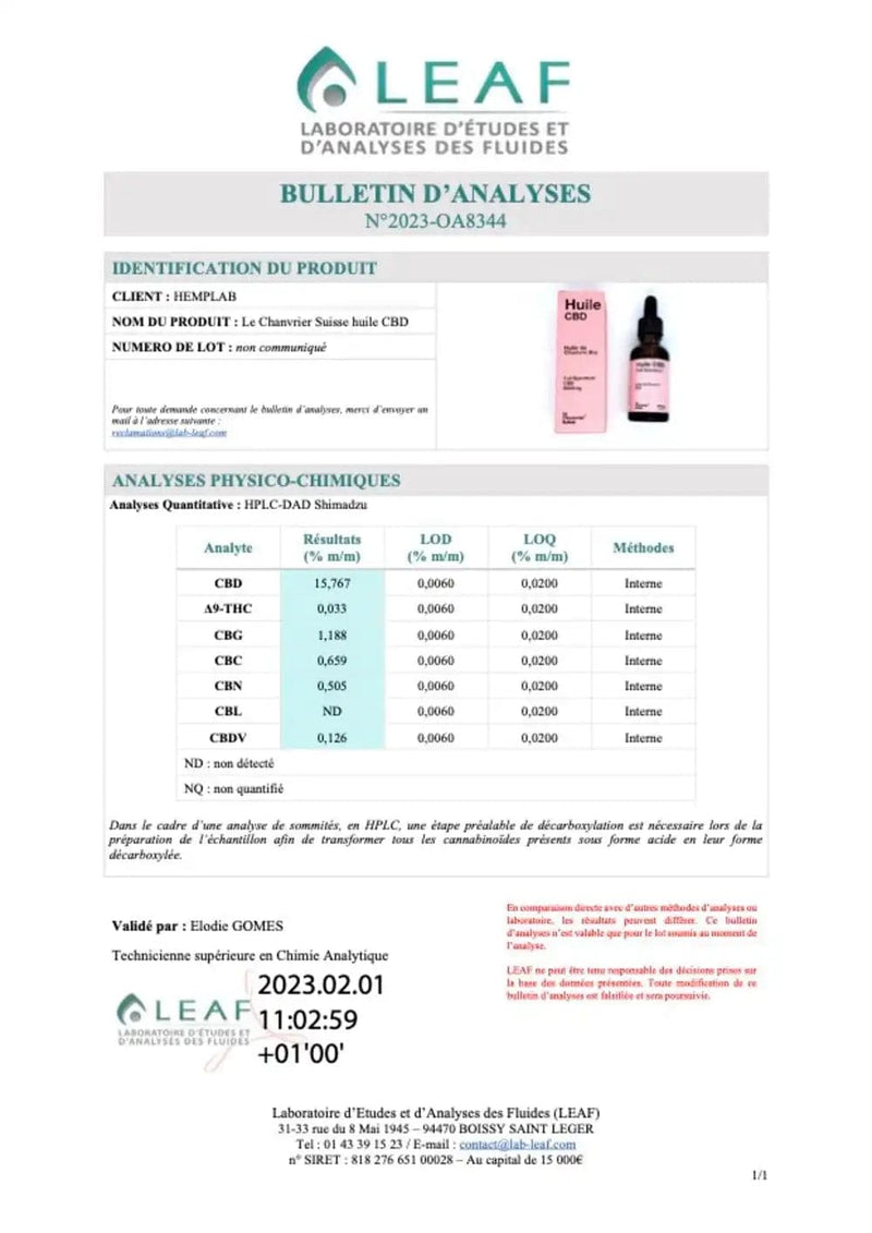 Bulletin d'analyses Huile CBD Bio Le chanvrier Suisse 3000mg