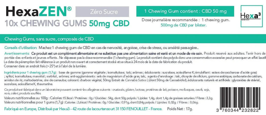 Hexa3 Chewing Gum CBD Chewing-Gums CBD Détente 10x50mg HexaZEN Menthe