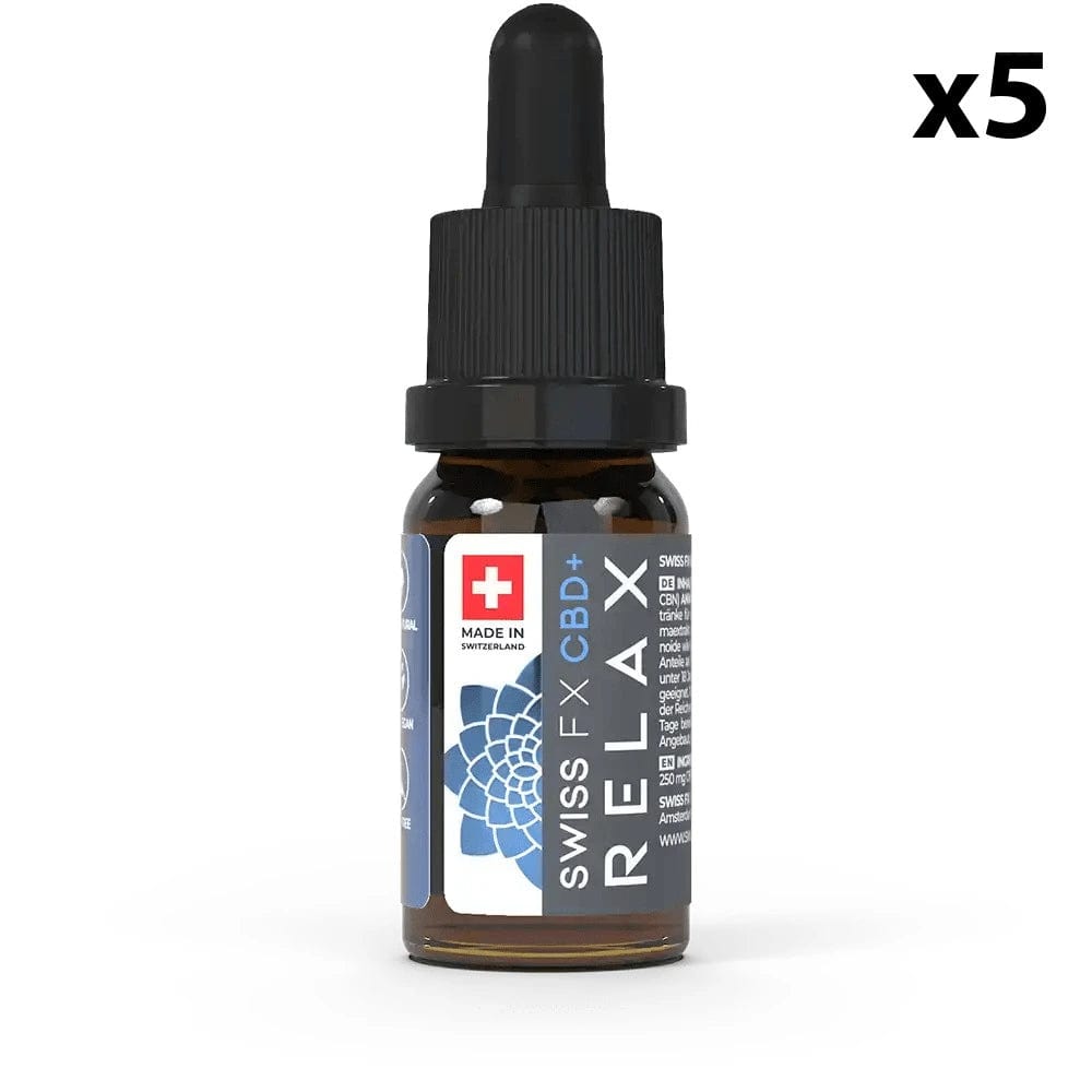 Swiss FX Huiles CBD 5 flacons Huile CBD CBN Relax Premium 1000mg + 250mg (10ml)