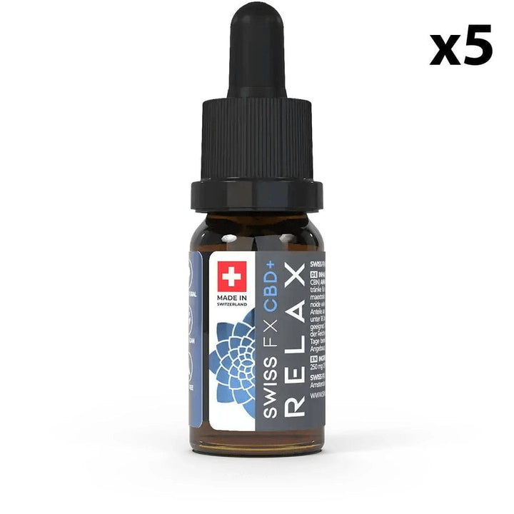Swiss FX Huiles CBD 5 flacons Huile CBD CBN Relax Premium 1000mg + 250mg (10ml)