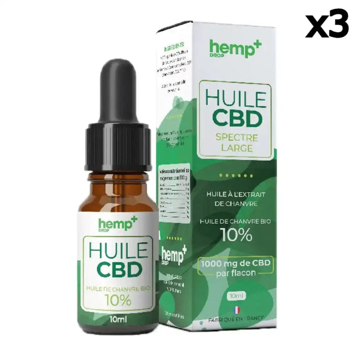 Hemp+ Huiles CBD 1000mg / 10% / 3 flacons Huile CBD Chanvre, Broad Spectrum, sans THC (10ml)