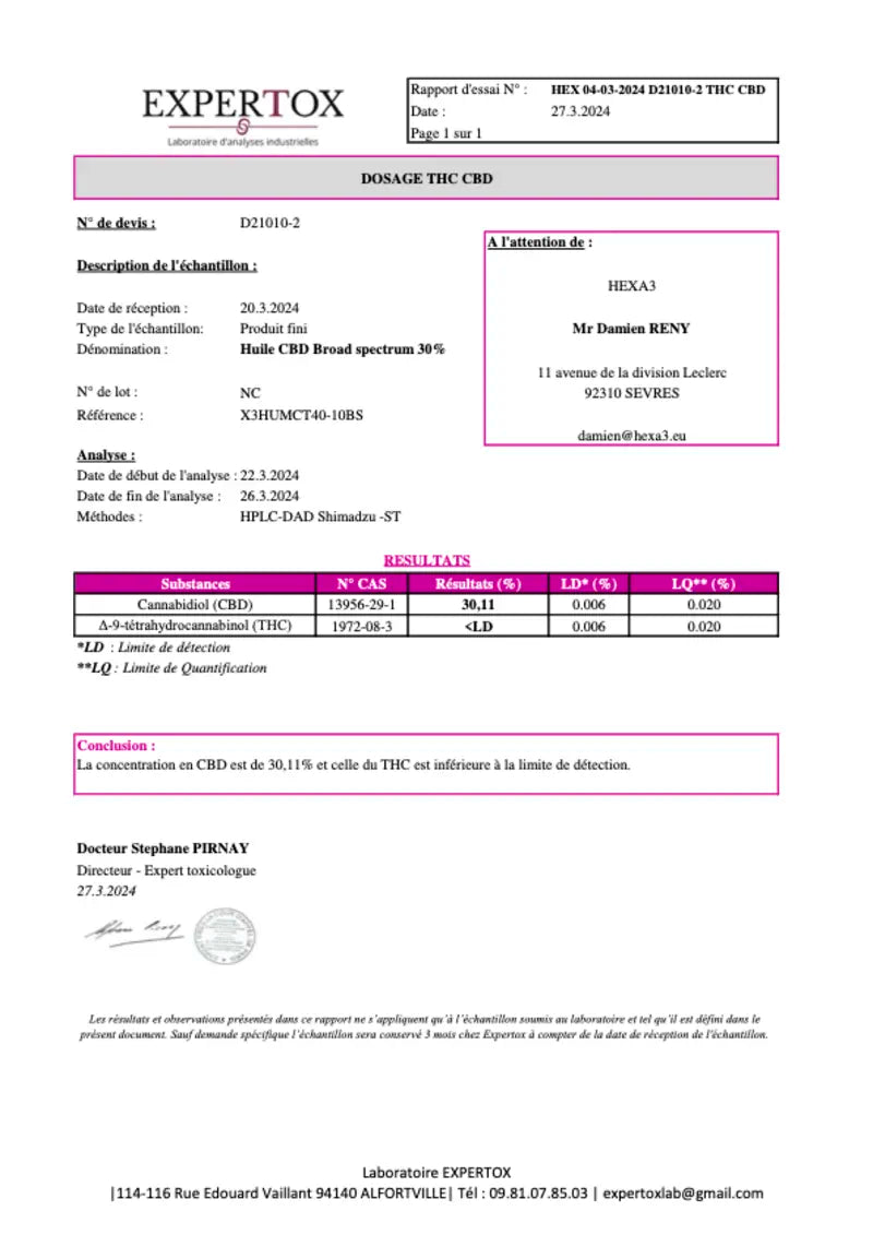 Hexa3 Huiles CBD Huile CBD HexaPURE, MCT, Broad Spectrum 30% / 3000mg, sans THC (10ml)