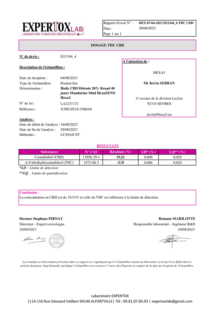 Hexa3 Huiles CBD Huile CBD HexaZEN Détente, Broad Spectrum, Vanille 20% / 2000mg, sans THC (10ml)