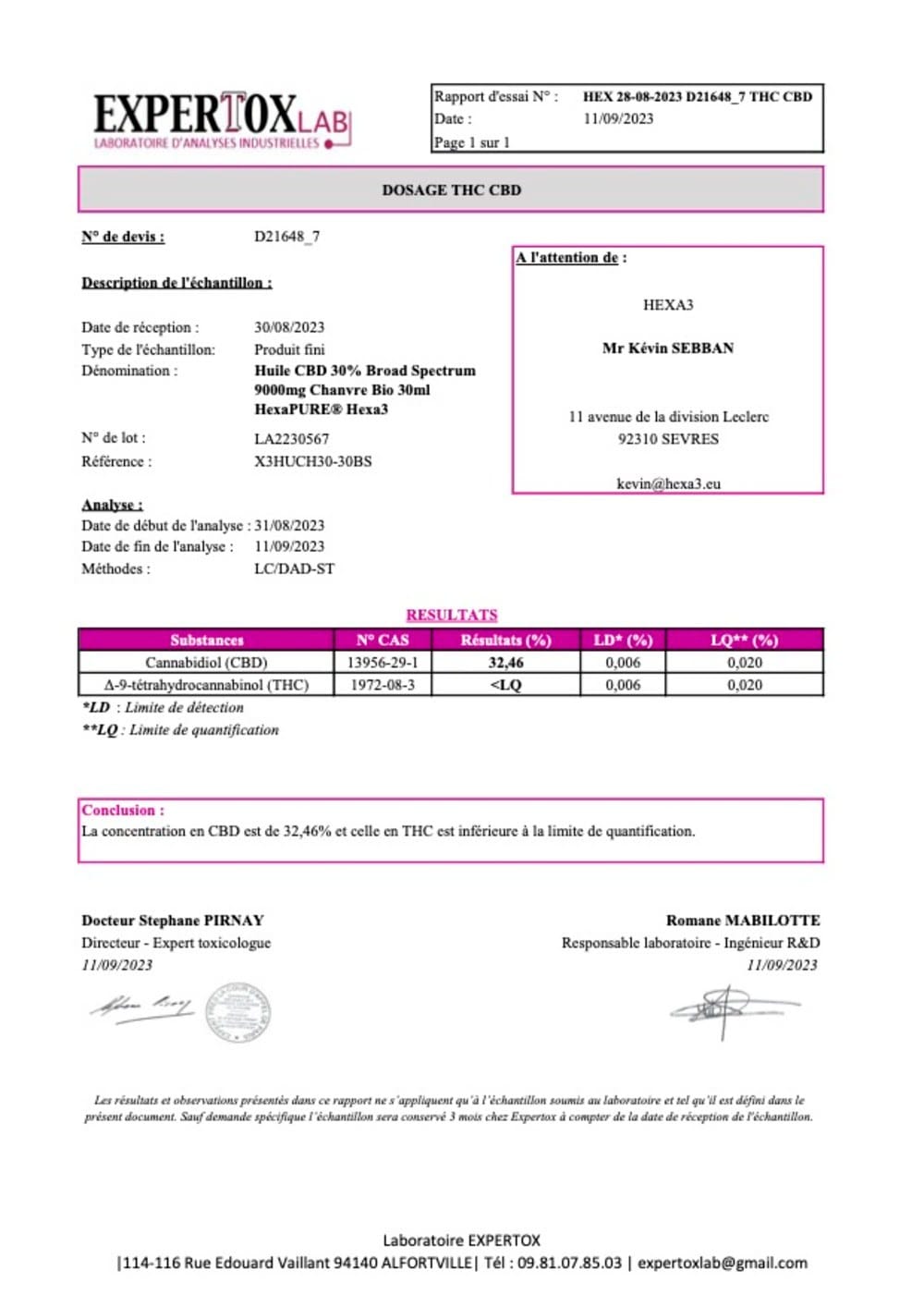 Certificado Huile CBD XL Broad 9000