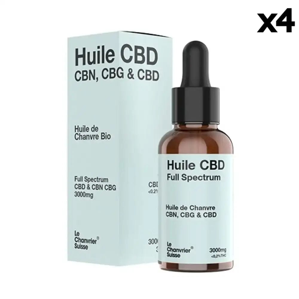 Le Chanvrier Suisse Huiles CBD 3000mg / 10% / 4 flacons Huile CBN, CBG & CBD Bio, Full Spectrum 3000mg ou 6000mg (30ml)