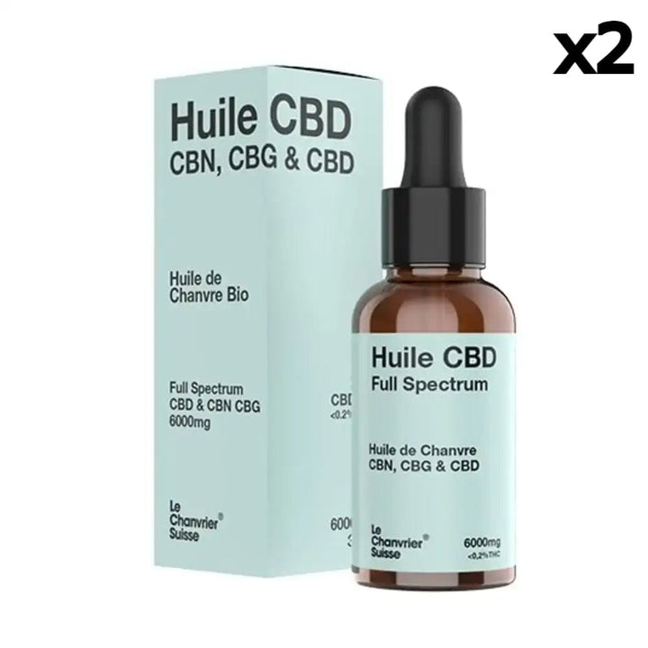 Le Chanvrier Suisse Huiles CBD 6000mg / 20% / 2 flacons Huile CBN, CBG & CBD Bio, Full Spectrum 3000mg ou 6000mg (30ml)