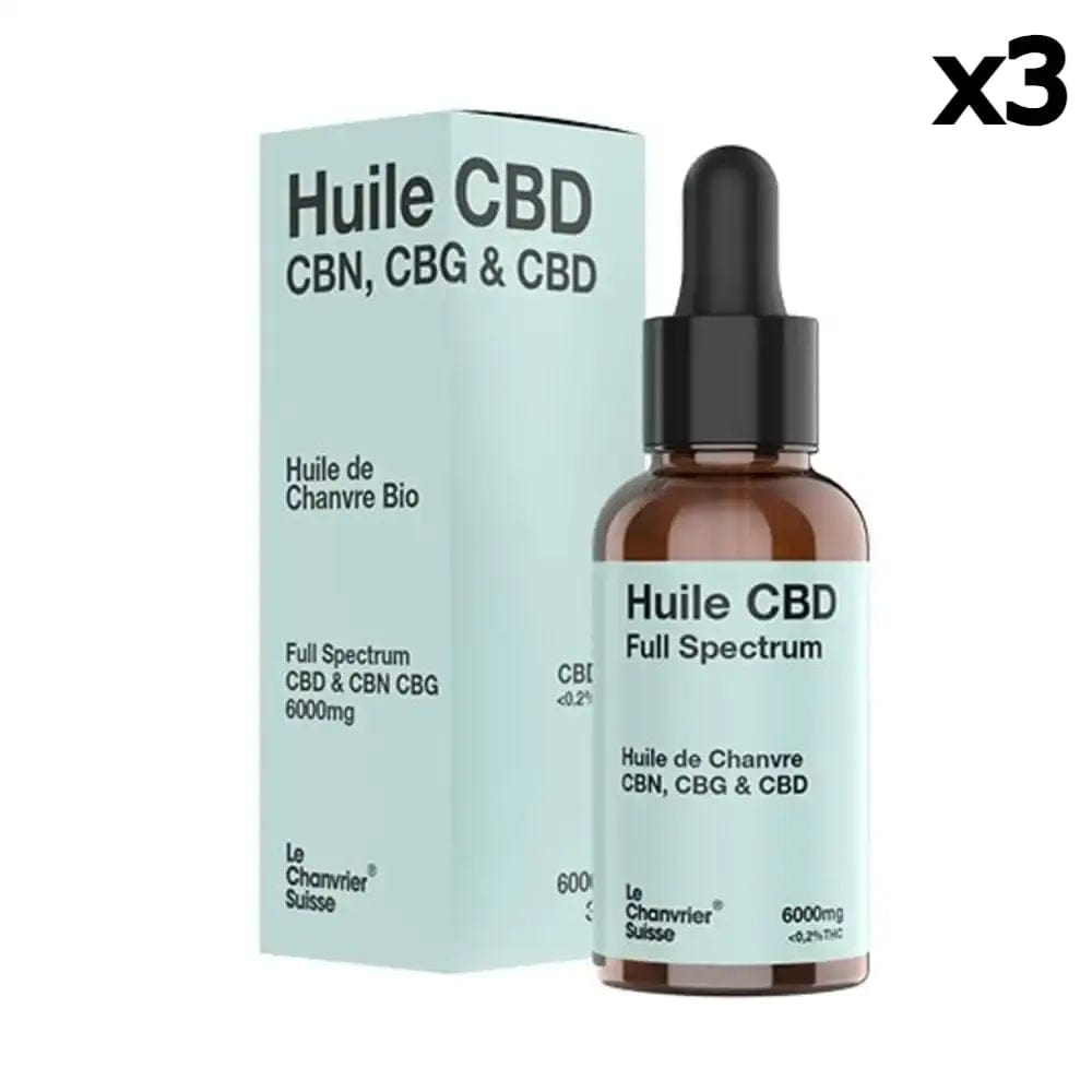 Le Chanvrier Suisse Huiles CBD 6000mg / 20% / 3 flacons Huile CBN, CBG & CBD Bio, Full Spectrum 3000mg ou 6000mg (30ml)