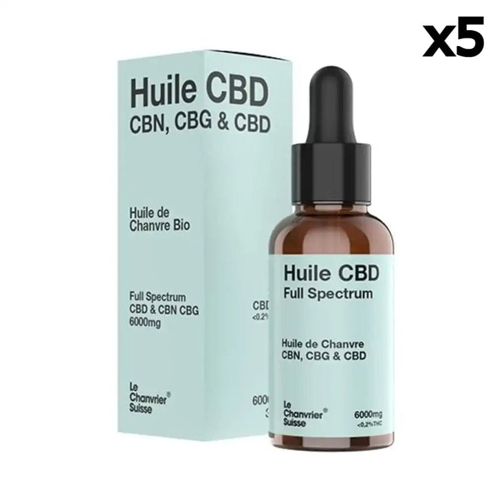 Le Chanvrier Suisse Huiles CBD 6000mg / 20% / 5 flacons Huile CBN, CBG & CBD Bio, Full Spectrum 3000mg ou 6000mg (30ml)