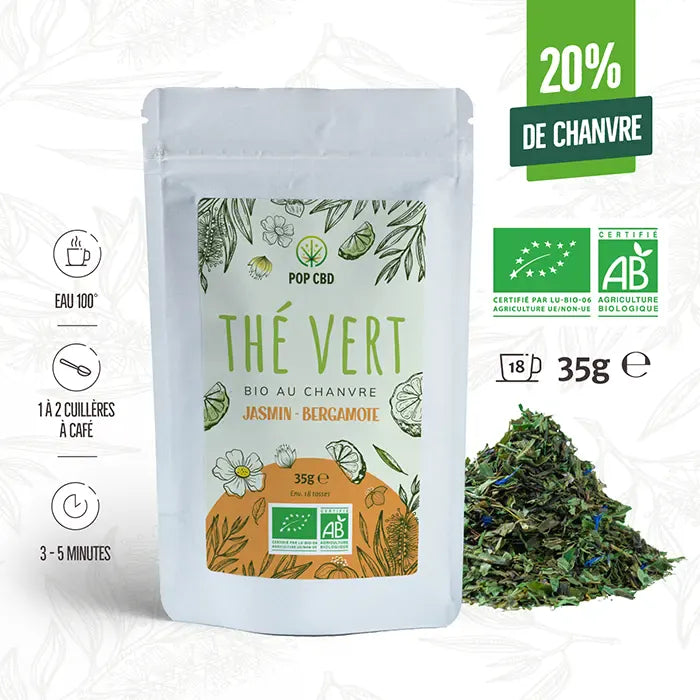 POP CBD Infusions CBD Thé Vert Bio Jasmin Bergamote, au Chanvre CBD