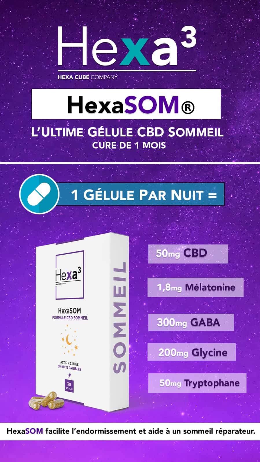 Hexa3 Gélules CBD 30 Gélules CBD Sommeil, HexaSOM 1500mg, sans THC