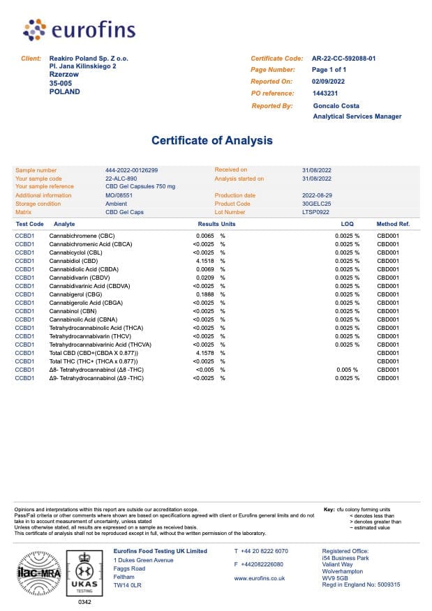 Certificat d'analyse Lot de 2 boites de 60 Gélules CBD Full Spectrum 1500mg