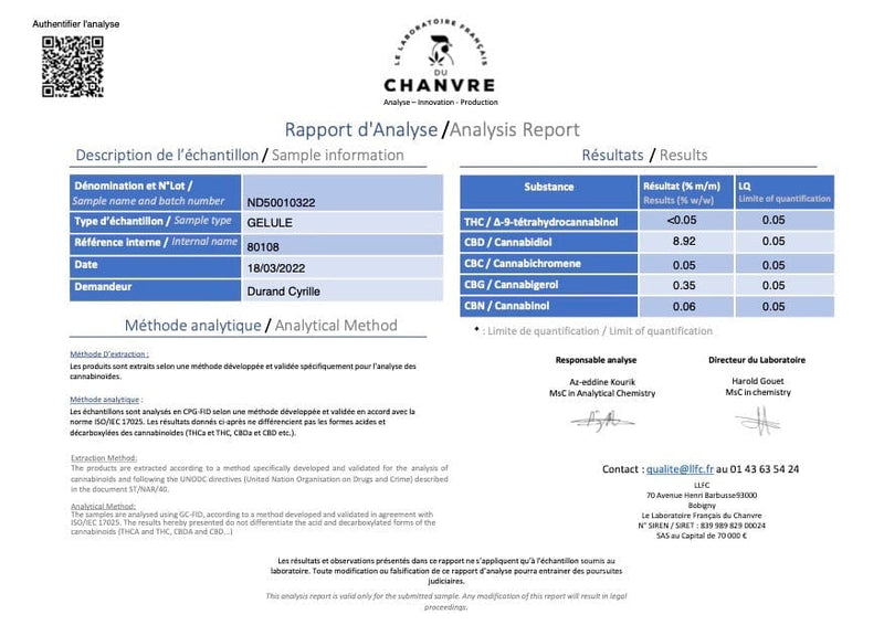 Certificat d'analyse Gélules CBD Balance x2