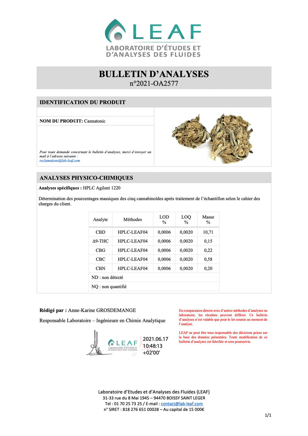 Certificado de Análisis Flor Cannatonic CBD