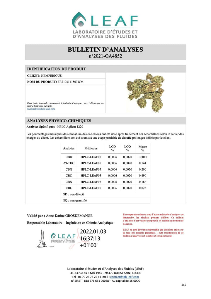 Certificate of analysis Flower CBD Watermelon France